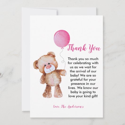 Teddy Bear meisje Baby shower Dank u kaart (Voorkant)