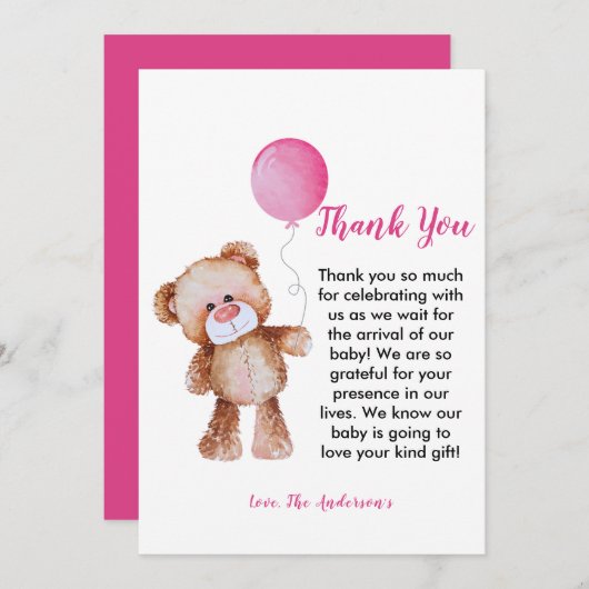 Teddy Bear meisje Baby shower Dank u kaart (Voorkant / Achterkant)
