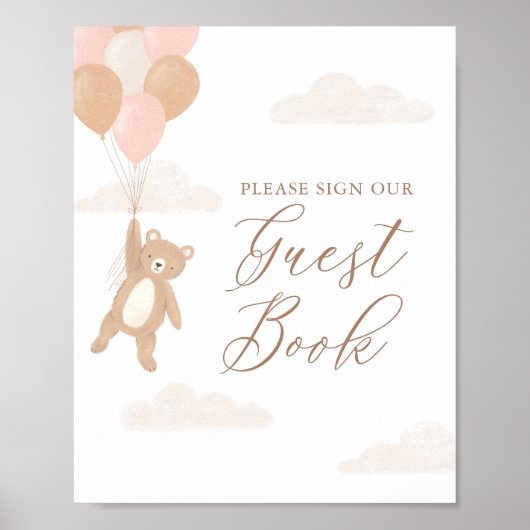 Teddy Bear Meisje Baby shower Gast Boek Sign Poster (Voorkant)
