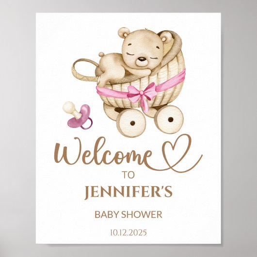 Teddy Bear meisje baby shower welkom poster (Voorkant)