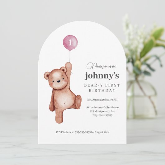 Teddy Bear Meisje Eerste Verjaardagsfeest Kaart (Staand voorkant)