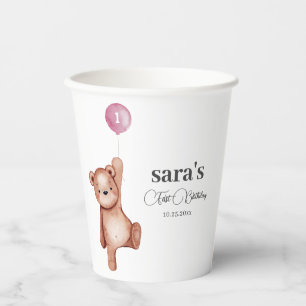 Teddy Bear Meisje Eerste Verjaardagsfeest Papieren Bekers