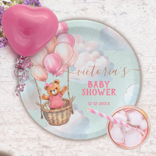 Teddy Bear Meisje Hete Luchtballon Baby shower Papieren Bordje