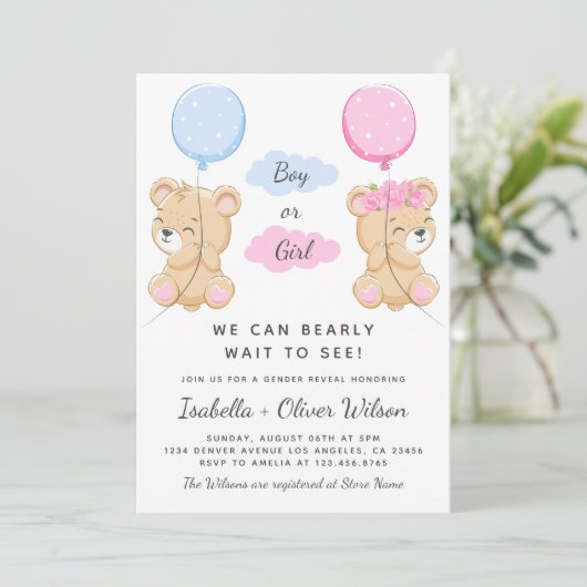 Teddy Bear Meisje of Jongen Thema Geslacht Onthull Kaart (Staand voorkant)