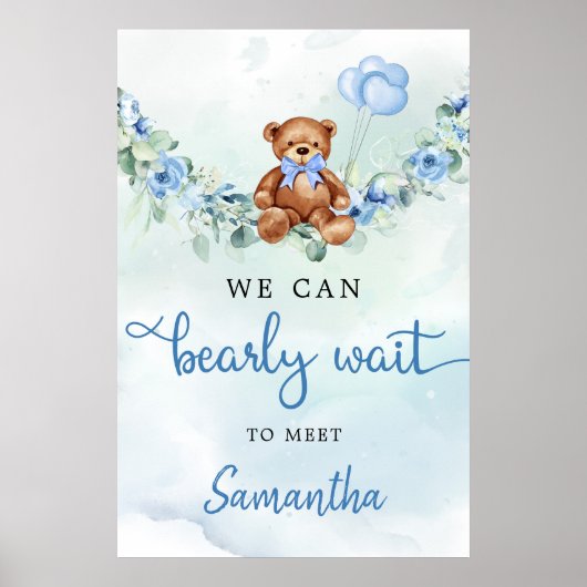 Teddy Bear met Balloons Greenery Boy Welkomstbord Poster (Voorkant)