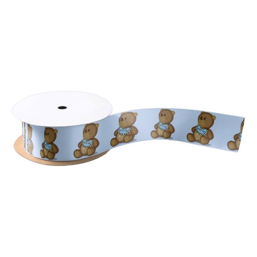 Teddy Bear met Bib op Blue Satin Ribbon Satijnen Lint (Spoel)