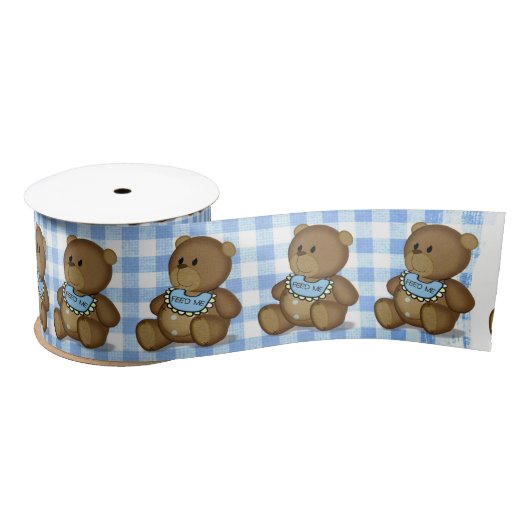 Teddy Bear met Bib op Gingham Satijnen Lint (Spoel)