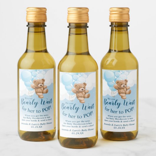 Teddy Bear met Blue Balloons Mini Wine Label Wijn Etiket (Flessen)