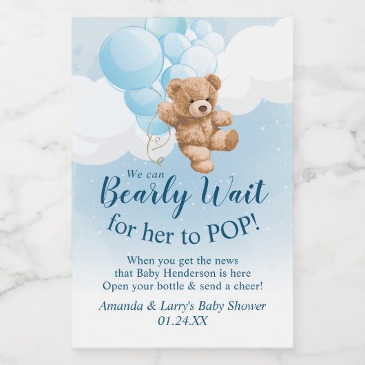 Teddy Bear met Blue Balloons Mini Wine Label Wijn Etiket (Enkel label)