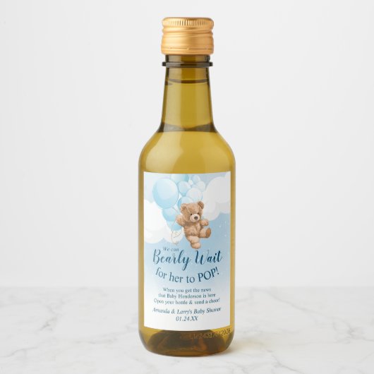 Teddy Bear met Blue Balloons Mini Wine Label Wijn Etiket (Voorkant)