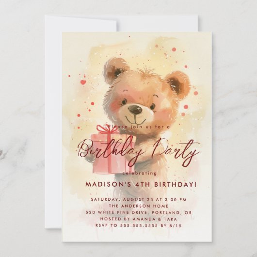 Teddy Bear met cadeau Kinderen Verjaardagsfeest Kaart (Voorkant)