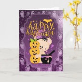 Teddy Bear met Cauldron - Happy Halloween Kaart (Gele Bloem)