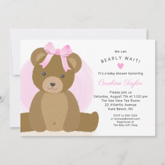 Teddy Bear met Cute Pink Bow Baby Girl Shower Kaart (Voorkant)