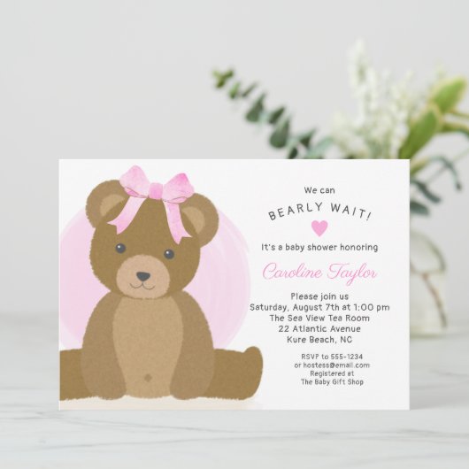 Teddy Bear met Cute Pink Bow Baby Girl Shower Kaart (Staand voorkant)