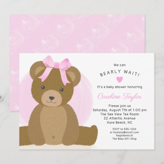 Teddy Bear met Cute Pink Bow Baby Girl Shower Kaart (Voorkant / Achterkant)