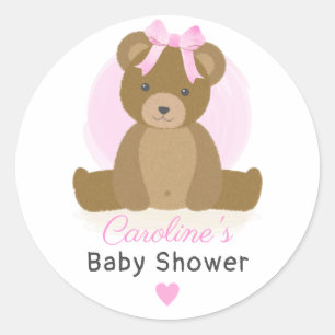 Teddy Bear met Cute Pink Bow Baby Girl Shower Ronde Sticker