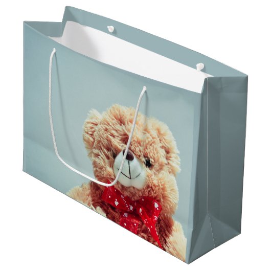 Teddy Bear met een Rode Bow Groot Cadeauzakje (Voorkant Gekanteld)