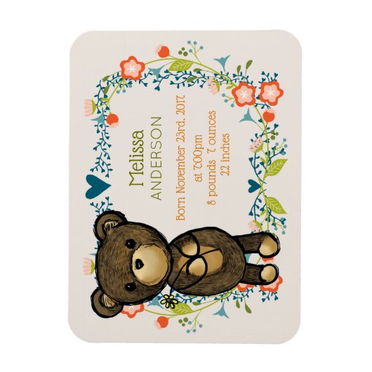 Teddy Bear met Fancy Florals baby ter Magneet (Verticaal)