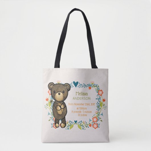 Teddy Bear met Floral Design Baby Birth Tote Bag (Voorkant)