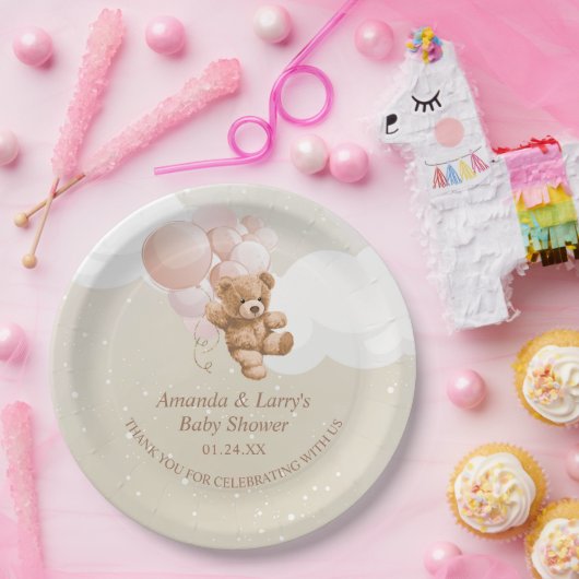 Teddy Bear met roze ballonnen Bord papier (Feest)