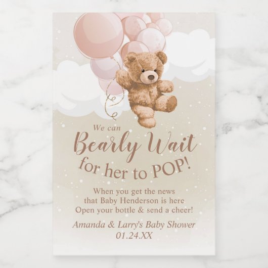 Teddy Bear met roze ballonnen Mini Wine Label Wijn Etiket (Enkel label)