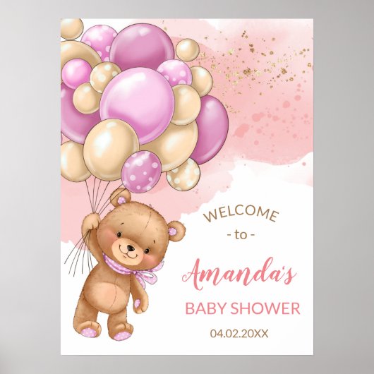 Teddy Bear met roze ballonnen Welkomstteken Poster (Voorkant)