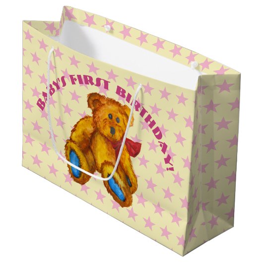 Teddy Bear met roze sterren Groot Cadeauzakje (Voorkant Gekanteld)