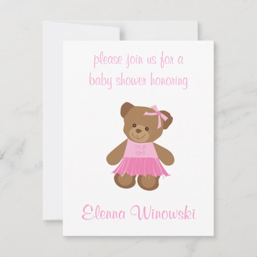 Teddy Bear met roze Tutu Baby shower uitnodiging (Voorkant)