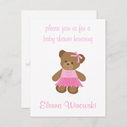 Teddy Bear met roze Tutu Baby shower uitnodiging (Voorkant / Achterkant)