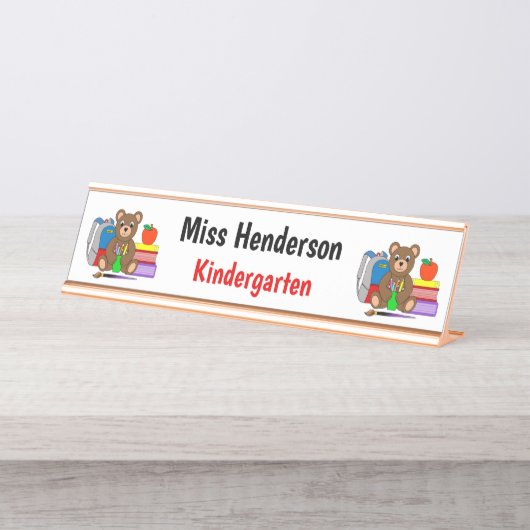 Teddy Bear met schoolspullen van leraar Bureau Naambordje (Voorkant)