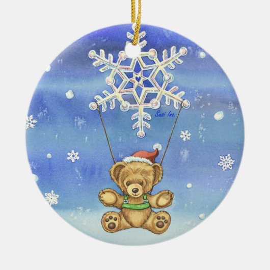 Teddy Bear met Snowflake Parachute Keramisch Ornament (Voorkant)