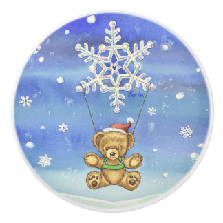 Teddy Bear met Snowflake Parachute Keramische Knop