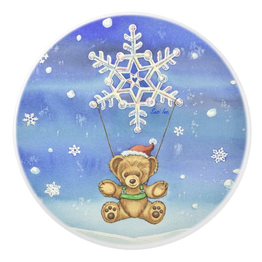 Teddy Bear met Snowflake Parachute Keramische Knop (Voorkant)