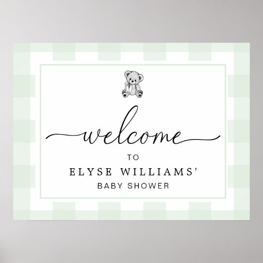 Teddy Bear Mint Green Gingham Welcome Sign Poster (Voorkant)