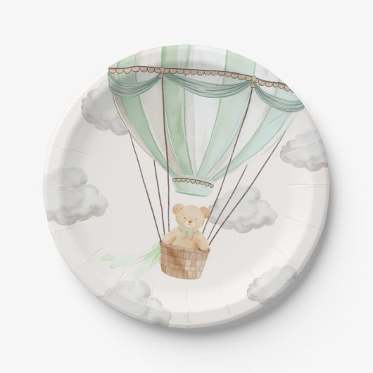 Teddy Bear Mint Groene Hete Luchtballon Papieren Bordje (Voorkant)