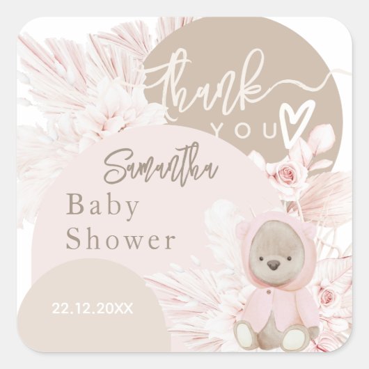 Teddy Bear Modern Boho Girl Baby shower Bedankt Vierkante Sticker (Voorkant)