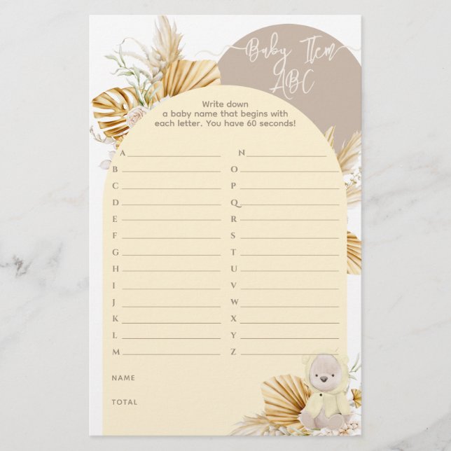 Teddy Bear Modern Boho Girl Baby shower game (Voorkant)