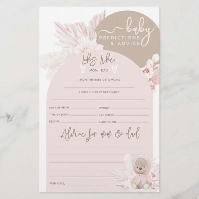 Teddy Bear Modern Boho Girl Baby shower game (Voorkant)