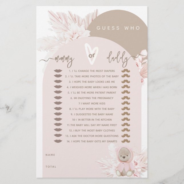 Teddy Bear Modern Boho Girl Baby shower game (Voorkant)