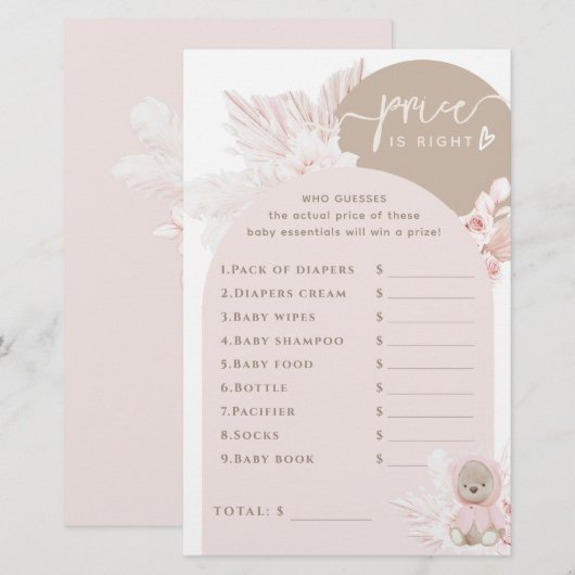 Teddy Bear Modern Boho Girl Baby shower game (Voorkant / Achterkant)