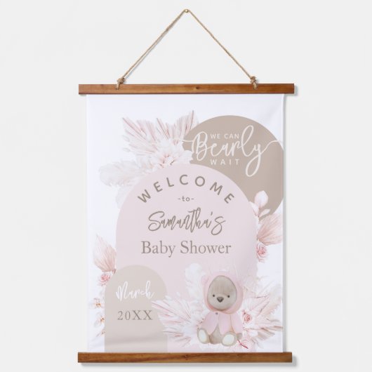 Teddy Bear Modern Boho Girl Baby shower Hangend Wandkleed (Voorkant)