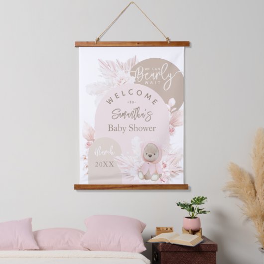 Teddy Bear Modern Boho Girl Baby shower Hangend Wandkleed (Slaapkamer)