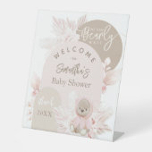 Teddy Bear Modern Boho Girl Baby shower Reclamebord Met Voetstuk (Voorkant)