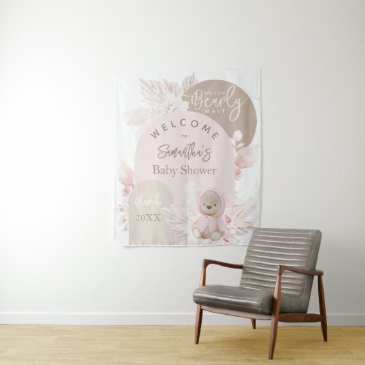 Teddy Bear Modern Boho Girl Baby shower Wandkleed (In situ)