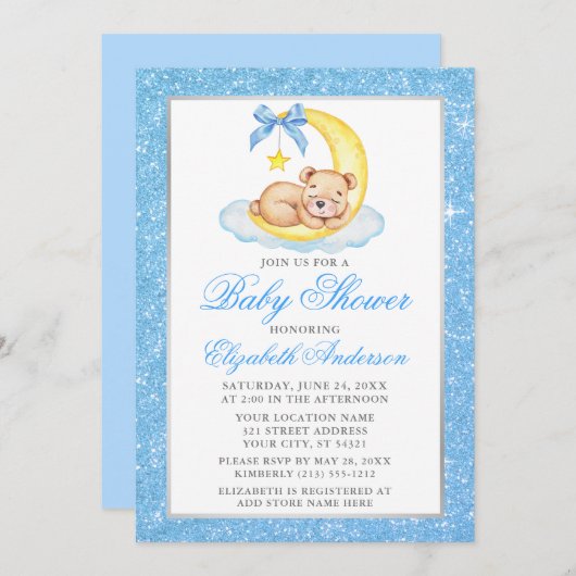 Teddy Bear Moon Blue Glitter Baby shower Kaart (Voorkant / Achterkant)