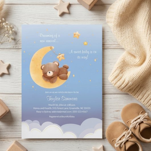 Teddy Bear Moon Dreamy Soft Blue Baby Shower Kaart