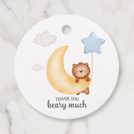 Teddy Bear Moon en Stars blue ballon Birthday Bedankjes Labels (Voorkant)