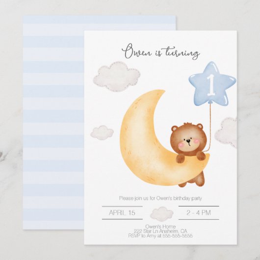 Teddy Bear Moon en Stars blue ballon Birthday I Kaart (Voorkant / Achterkant)