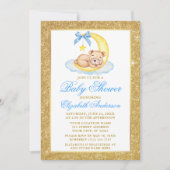 Teddy Bear Moon Gold Glitter Baby shower Blue Kaart (Voorkant)