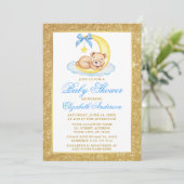 Teddy Bear Moon Gold Glitter Baby shower Blue Kaart (Staand voorkant)